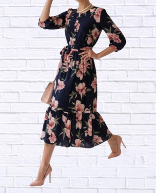 Diva Usa - Floral Midi Dress With Belt And Side Pockets