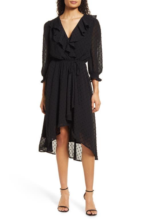 Fraiche by J Swiss Dot Faux Wrap Dress in Black, Size Large