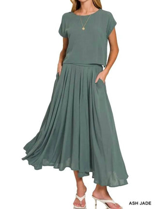 Zenana - Woven Crinkle Gauze Crop Tee And Skirt Set