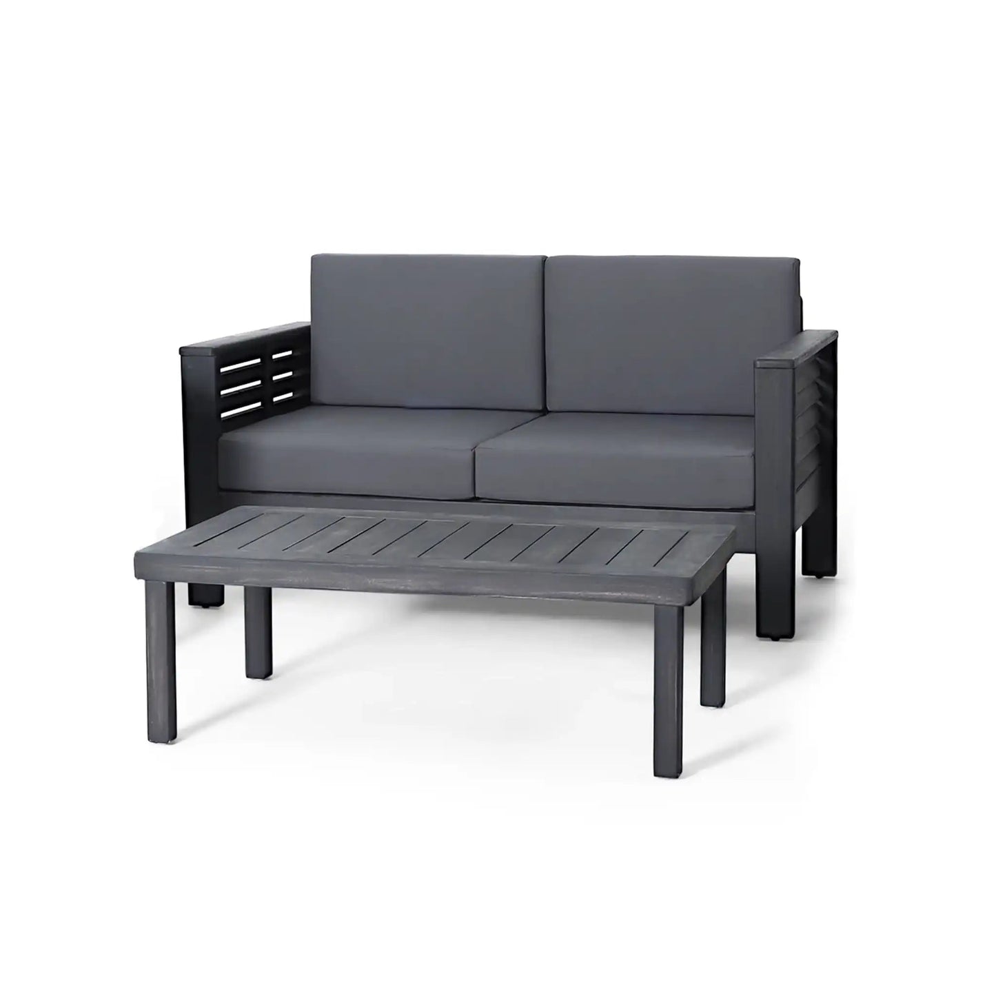 Acacia Wood Loveseat and Coffee Table Set with Cushions
