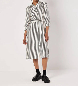 Apricot - Vertical Stripe Gathered Sleeve Midi Dress