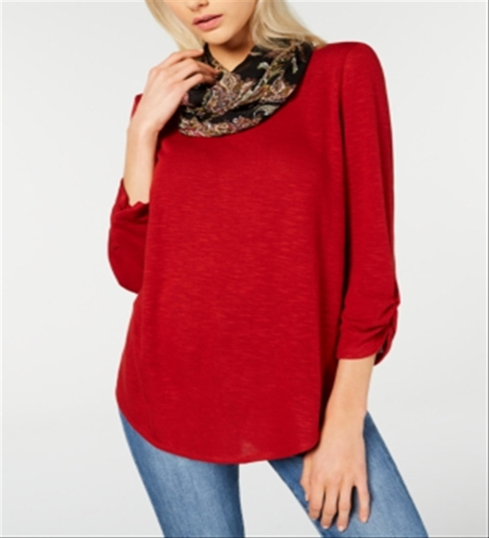 BCX Junior's Ruched Sleeve Top With Printed Scarf Brown Size Large