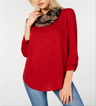 BCX Junior's Ruched Sleeve Top With Printed Scarf Brown Size Large