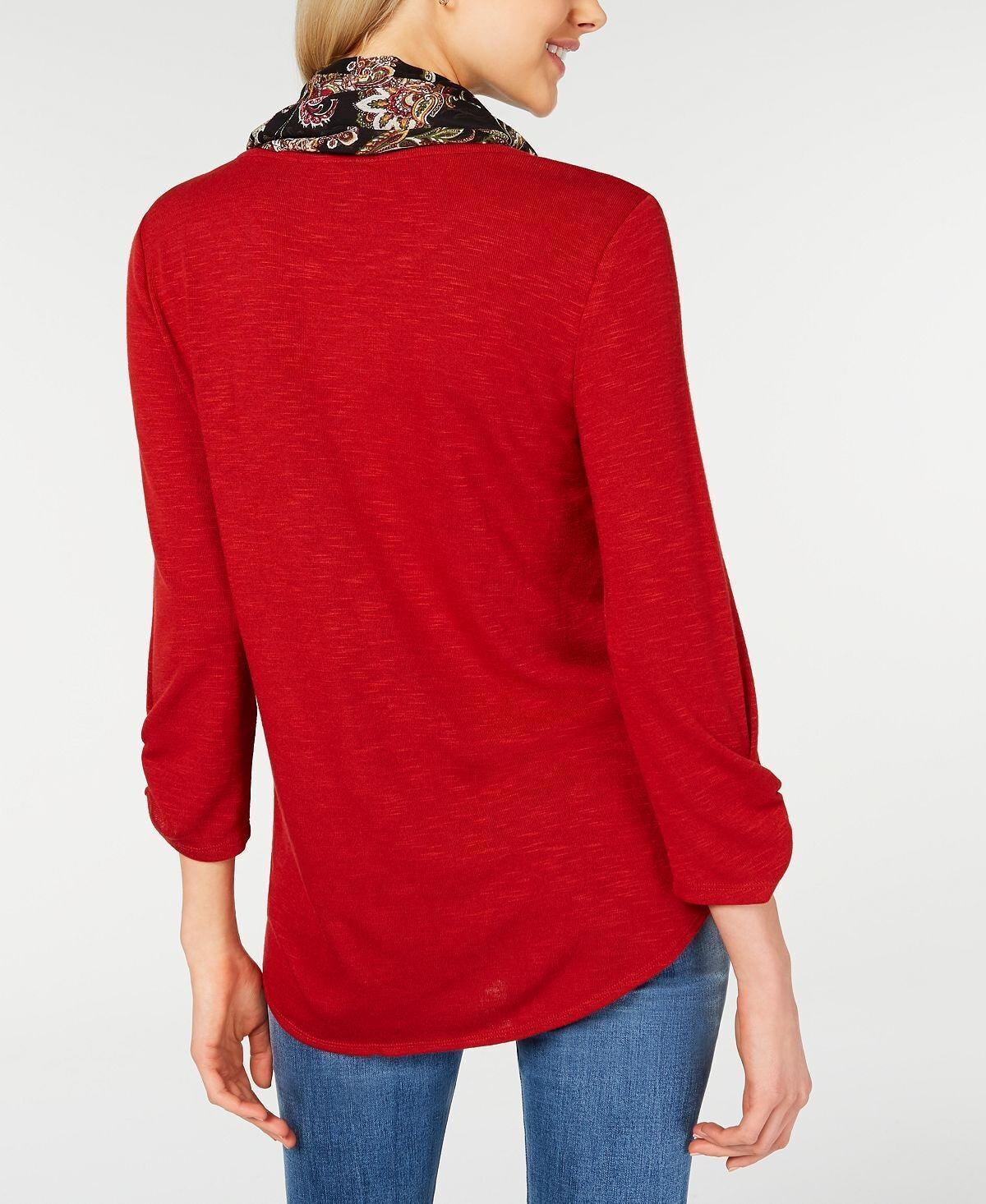 BCX Junior's Ruched Sleeve Top With Printed Scarf Brown Size Large