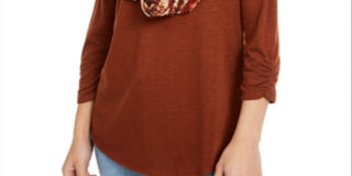 Bcx Juniors' Ruched-Sleeve Scarf Top Brown Size L