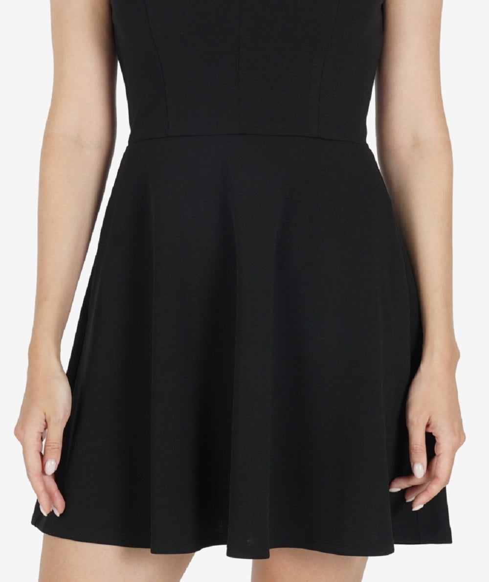 Speechless Women's Pocketed Scalloped Sleeveless V Neck Short Fit Flare Dress Black Size Large