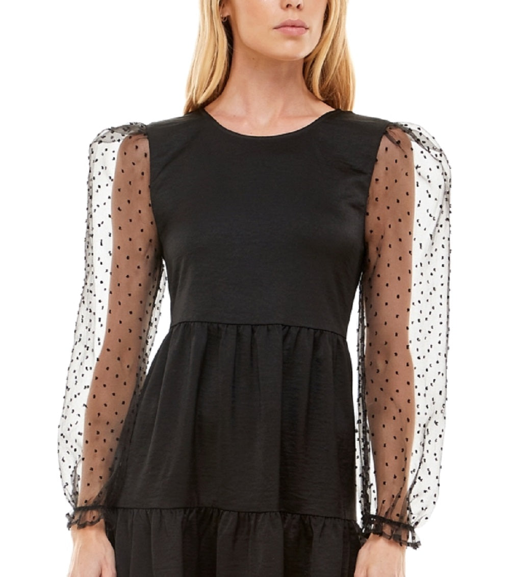 Speechless Junior's Sheer Dot Puff-Sleeve Dress Black Size Large