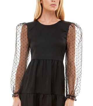 Speechless Junior's Sheer Dot Puff-Sleeve Dress Black Size Large