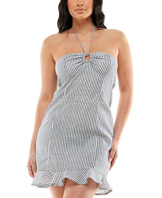 Speechless Junior's Striped O Ring Halter Dress White Size XX-Small