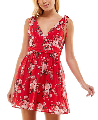 Speechless Junior's Printed Tie Strap Dress Red Size X-Small