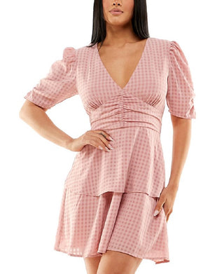 Speechless Junior's Printed Tiered Puff Sleeve Dress Pink Size Medium