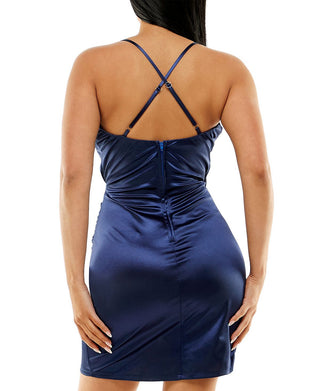 Speechless Junior's Satin Faux Wrap Ruched Dress Blue Size 9
