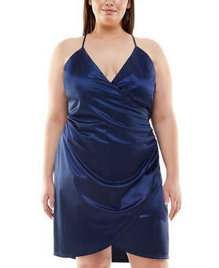 Speechless Women's Satin Faux Wrap Dress Blue Size 18W