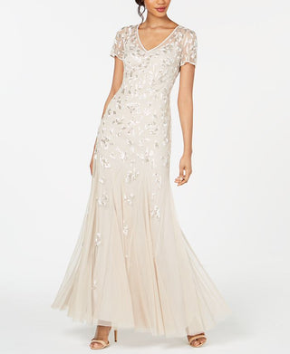 Adrianna Papell Women's Beaded Short Sleeve Gown Brown Size 10