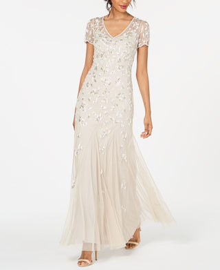 Adrianna Papell Women's Beaded Short Sleeve Gown Brown Size 10