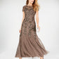 Adrianna Papell Women's Floral Embroidered Beaded Trumpet Gown in Lead Brown Size 4