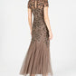 Adrianna Papell Women's Floral Embroidered Beaded Trumpet Gown in Lead Brown Size 4