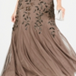 Adrianna Papell Women's Floral Embroidered Beaded Trumpet Gown in Lead Brown Size 4