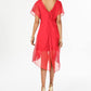 Adrianna Papell Women's Sheer Overlay V Twist Back Lined Flutter Sleeve Illusion Neckline Midi Dress Coral Size X-Large