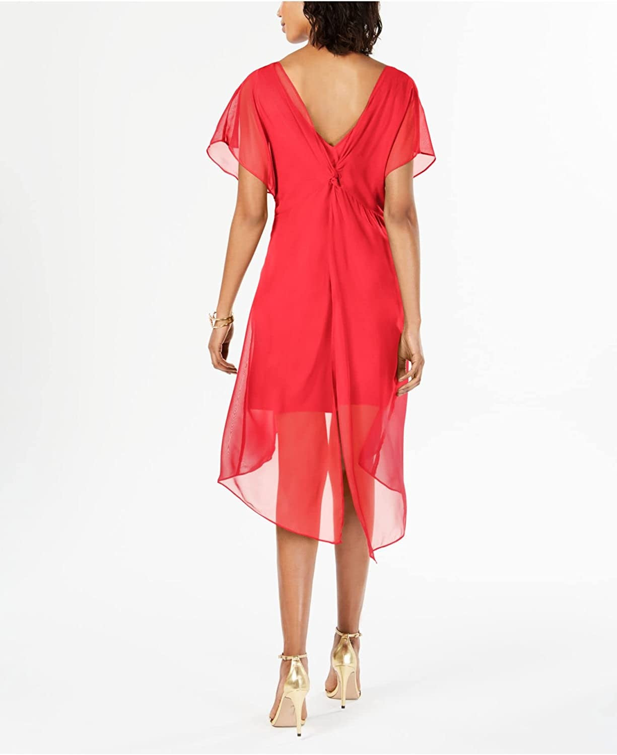Adrianna Papell Women's Sheer Overlay V Twist Back Lined Flutter Sleeve Illusion Neckline Midi Dress Coral Size X-Large