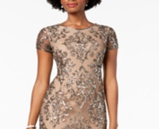 Adrianna Papell Women's Damask Sequined Mesh Dress Brown Size 14