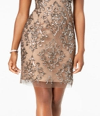 Adrianna Papell Women's Damask Sequined Mesh Dress Brown Size 14