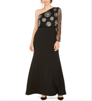 Adrianna Papell Women's Beaded One Shoulder Gown Black Size 12