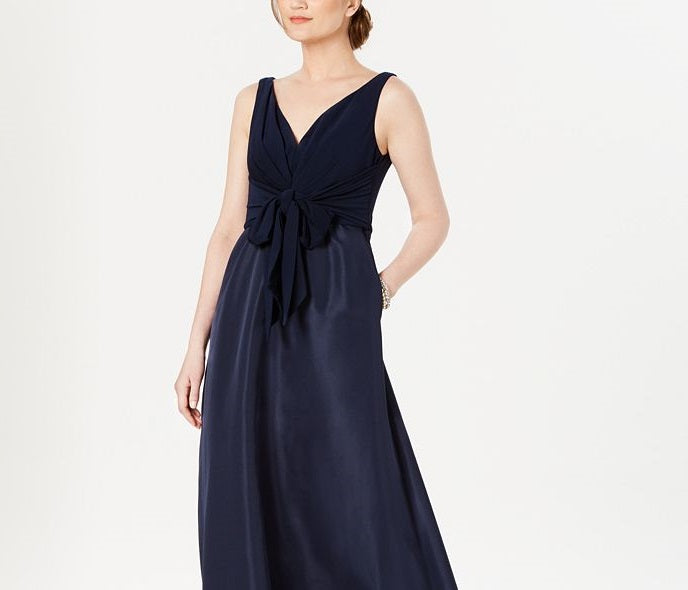 Adrianna Papell Women's V Neck Tie Waist Gown Blue Size 6