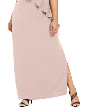 Adrianna Papell Women's Ruffled Slitted Zippered Short Sleeve Off Shoulder Maxi Evening Sheath Dress Pink Size 22