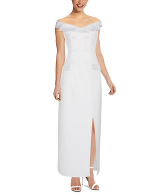 Adrianna Papell Women's Slitted Tuxedo Sleeveless Off Shoulder Maxi Evening Sheath Dress White Size 10