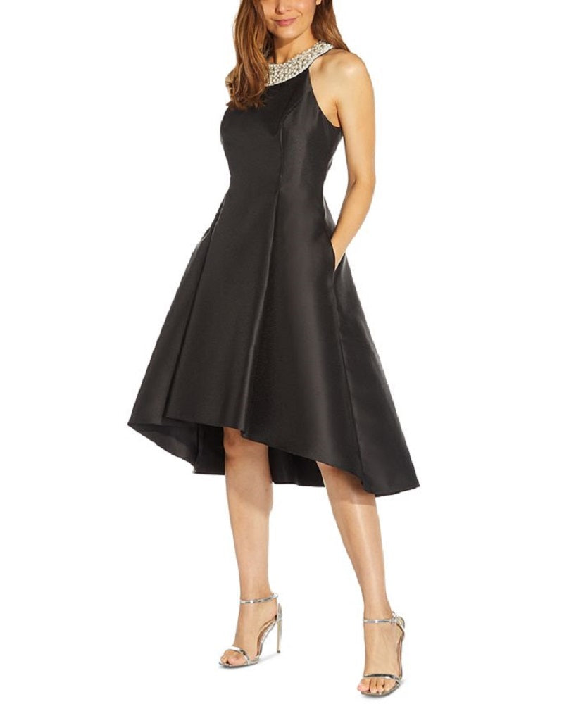 Adrianna Papell Women's Beaded Neck Mikado Dress Black Size 10