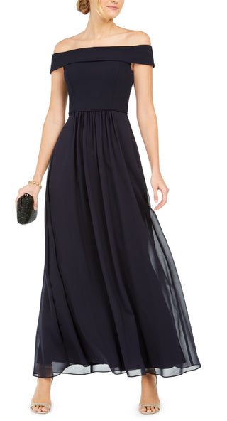 Adrianna Papell Women's Off The Shoulder Chiffon Gown Blue Size 2