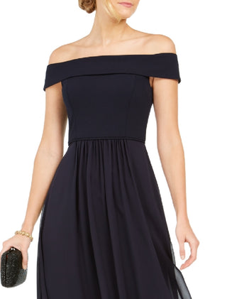 Adrianna Papell Women's Off The Shoulder Chiffon Gown Blue Size 2