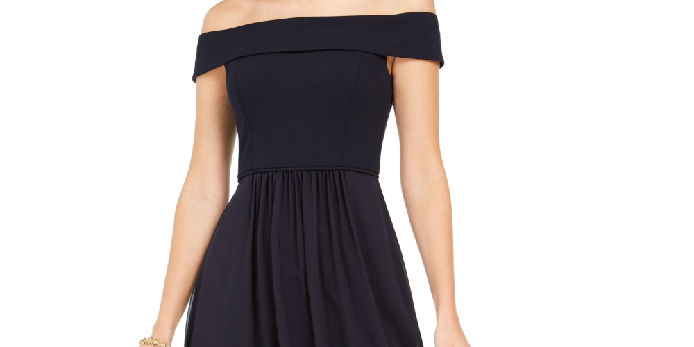 Adrianna Papell Women's Off The Shoulder Chiffon Gown Blue Size 4