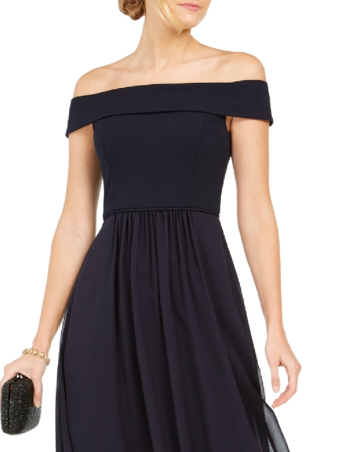 Adrianna Papell Women's Off The Shoulder Chiffon Gown Blue Size 8