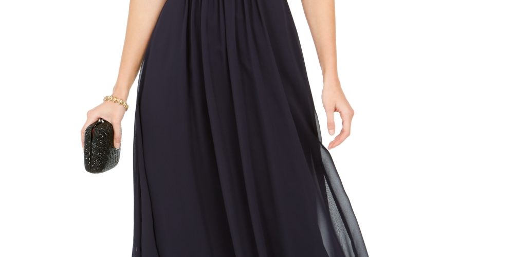 Adrianna Papell Women's Off The Shoulder Chiffon Gown Blue Size 8