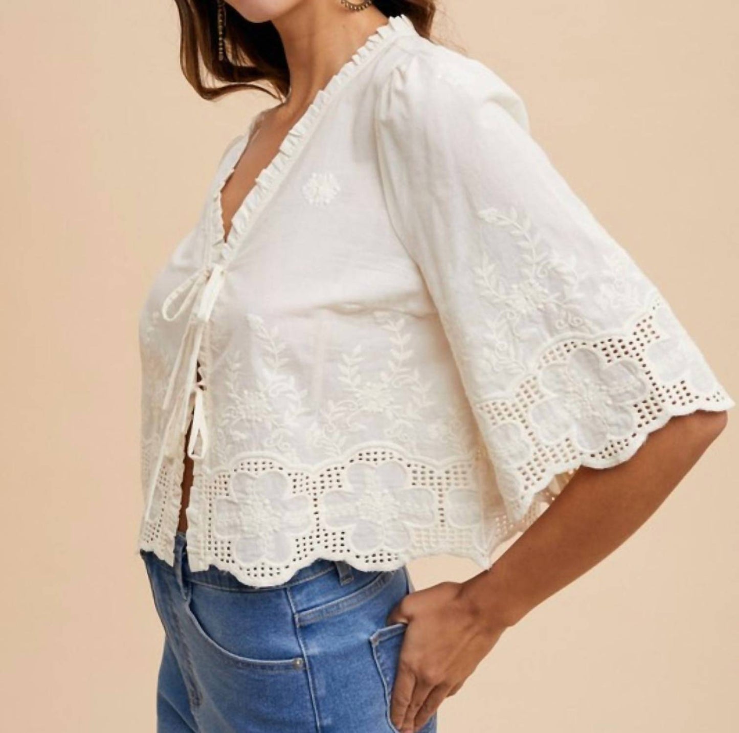 Anniewear - Tie Front Embroidered Blouse