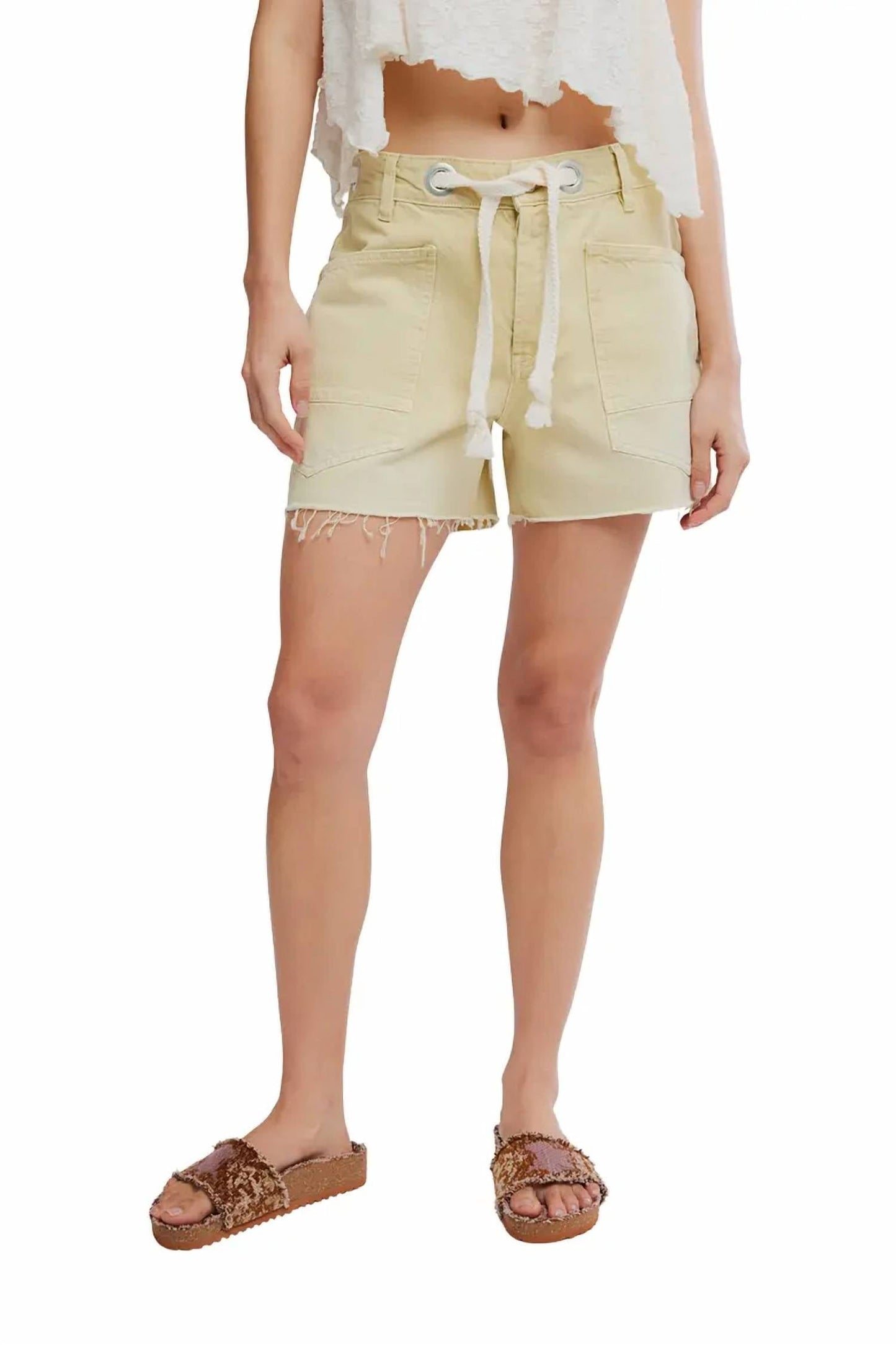 Free People - Moxie Mid Rise Belted Drawstring Cutoff Denim Shorts
