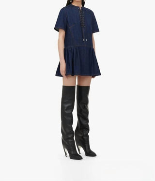Alexander Mcqueen - Tiered Lace-up Topstitched Denim Dress
