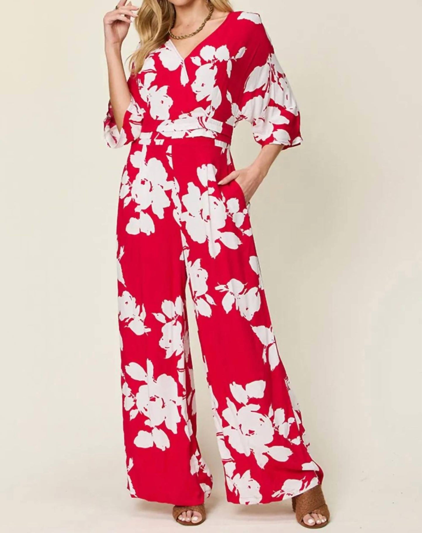 Double Take - Full Size Printed Tie Back Wide Leg Jumpsuit