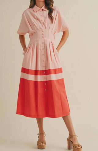 &Merci - Button Down Pleated Waist Midi Dress