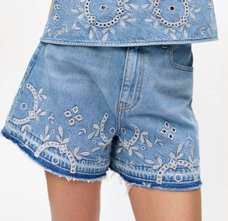 Ganni - Women's Broderie Anglaise Denim Shorts