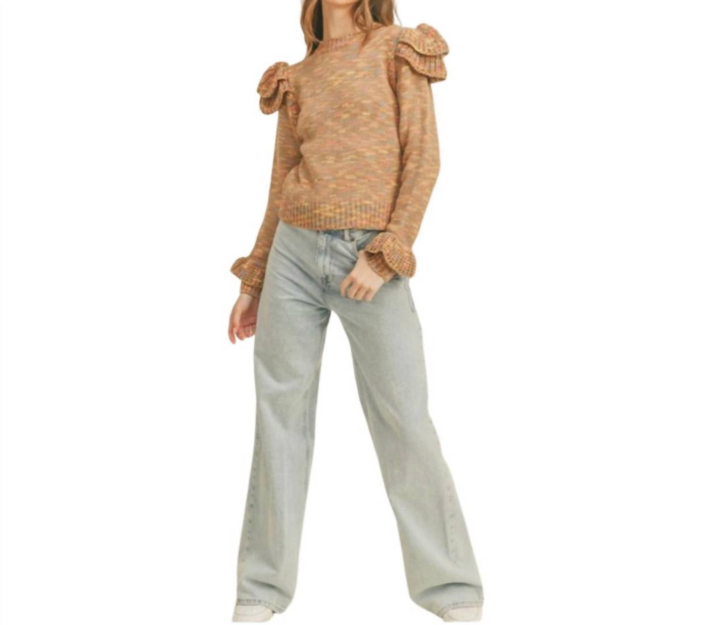 &Merci - Ruffled Shoulder Mix Knit Sweater