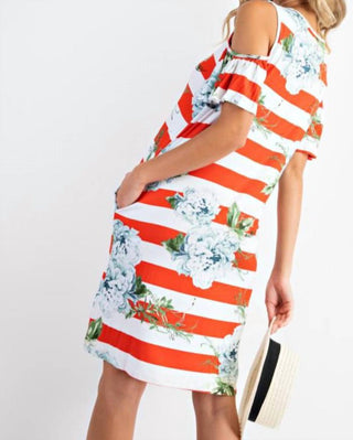 143 Story - Bold Stripe Floral Cold Shoulder Dress