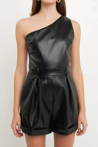Endless Rose - Faux Leather One Shoulder Romper