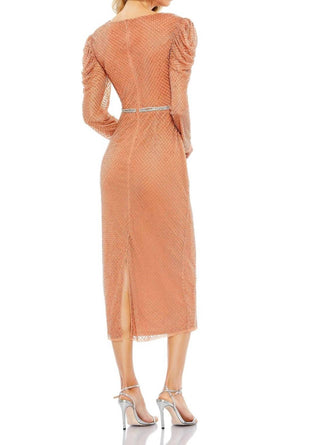 Mac Duggal - Beaded Wrap Over Puffsleeve Midi Dress
