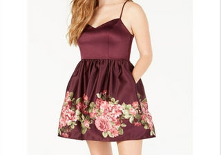 Teeze Me Womens Burgundy Zippered Tie Floral Spaghetti Strap Sweetheart Neckline Mini Cocktail Fit + Flare Dress Juniors 3