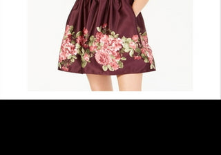 Teeze Me Womens Burgundy Zippered Tie Floral Spaghetti Strap Sweetheart Neckline Mini Cocktail Fit + Flare Dress Juniors 3