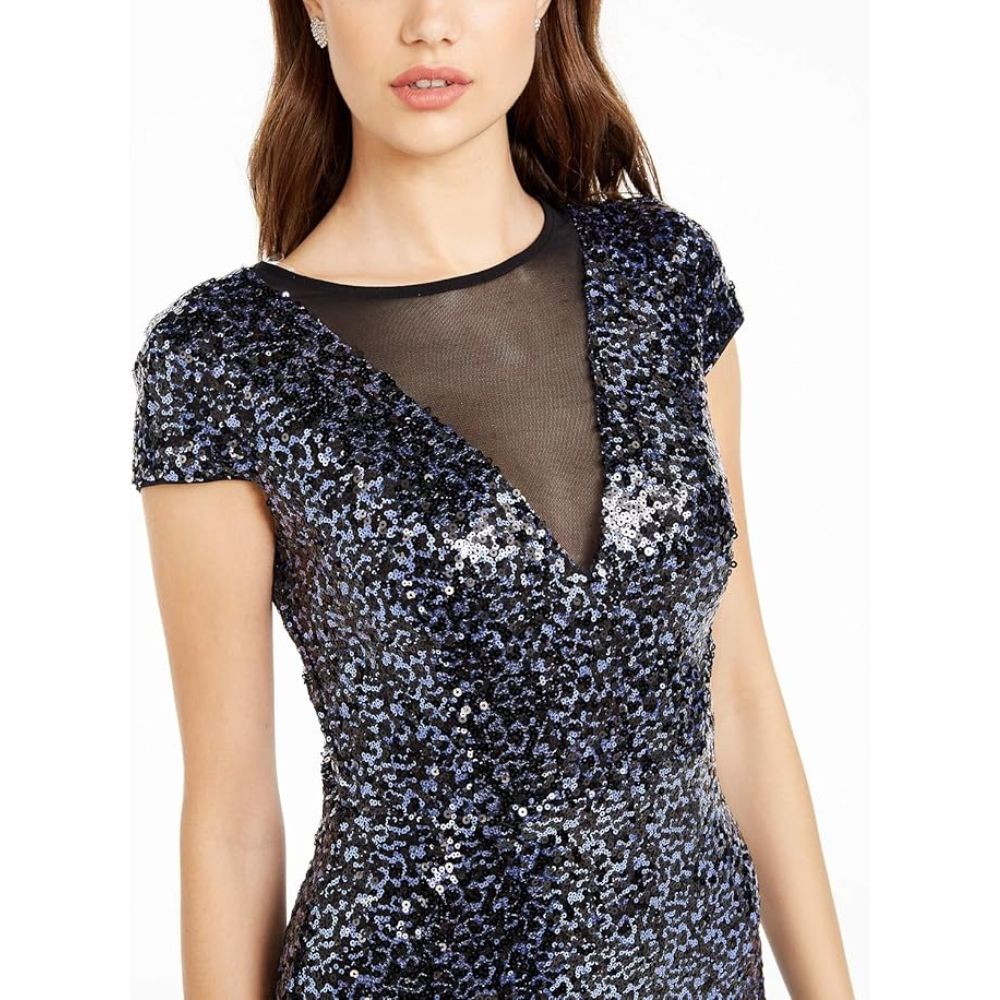 Teeze Me | Mesh Deep V Sequin Bodycon Dress | Navy/Royal