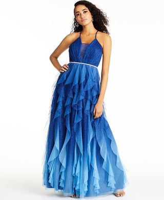 Teeze Me Women's Embellished Ruffled Glitter Mesh Gown Dress Blue Size 11